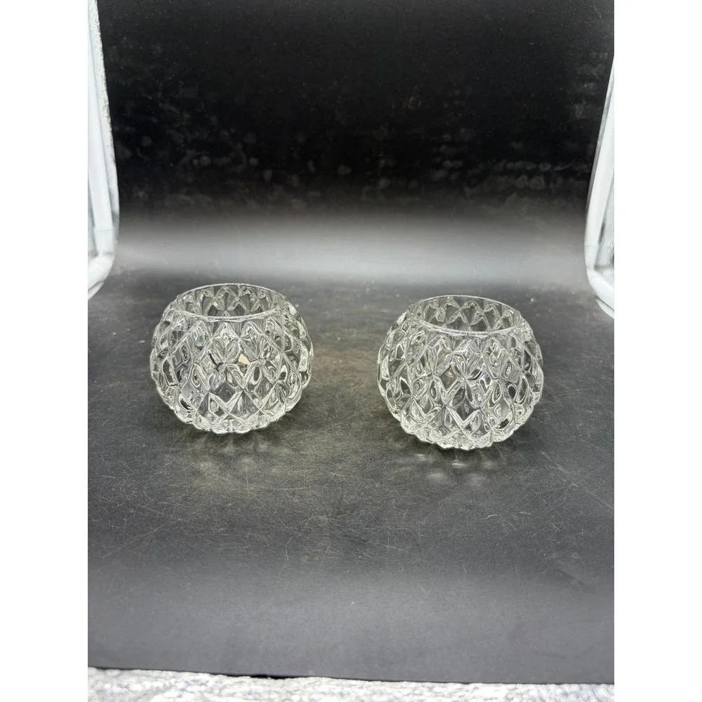 Vintage Diamond Point Clear Cut Glass Votive Tea Light Candle Holders Set of 2